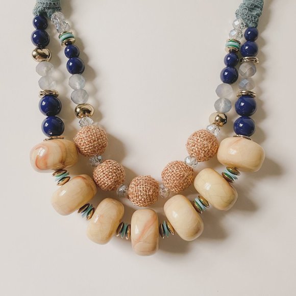 Ann Taylor Factory Boho Chunky Beige Tan Beaded Pastel Teal Ribbon Tie Necklace - Picture 4 of 12